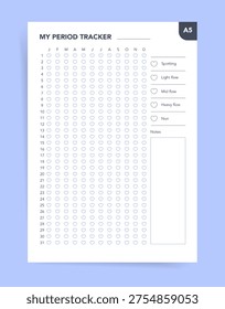 Cute Period Tracker Template, Printable A5 Menstrual Cycle Chart with Heart Icons and Notes