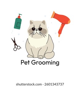 A cute Persian cat illustration with pet grooming tools, including scissors, shampoo, and a hairdryer. The minimalistic design features soft colors and sparkles, emphasizing cleanliness and care