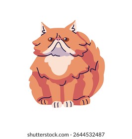 Bonito persa Longhair gato com expressão séria no focinho senta-se vista frontal. Gatinho franzino engraçado relaxa. Gatinho cômico, animal doméstico, animal de estimação. Ilustração de vetor isolado plano sobre fundo branco