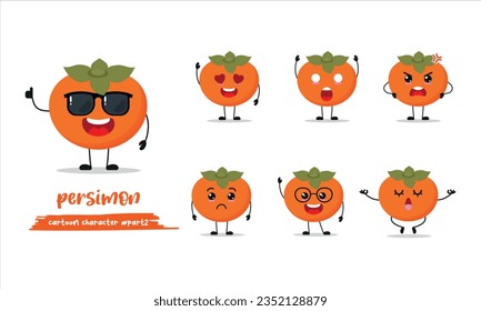cute persimmon cartoon with many expressions. fruit different activity pose vector illustration flat design set with sunglasses.
