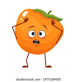 Cute persimmon character with emotions in a panic grabs his head, face, arms and legs. The funny or sad food hero, fruit. Vector flat illustration