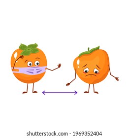 Cute persimmon characters with emotions, face and mask keep distance, arms and legs. People made of fruits or vegetables. The funny or sad hero. Vector flat illustration