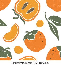 Cute persimmon seamless pattern. Ripe persimmon, persimmon lobules and leaves on white background. Vector shabby hand drawn illustration