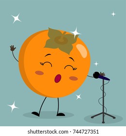 Cute persimmon Smiley in a cartoon style sings into the microphone. Flat design, vector illustration.