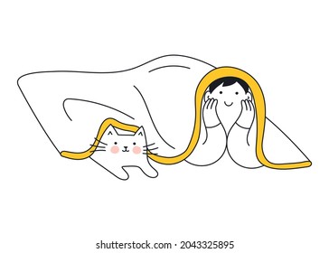 Cute person   cat lying the floor   covered and cozy blanket  Spending time together in the homemade tent  Thin line vector illustration white 