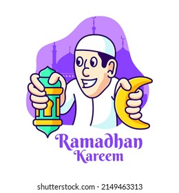 cute person holding moon and lantern vector illustration. ramadan character islamic cartoon