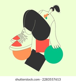 Cute person on isolated background with big sneakers.Disproportionate body with big shoe.Vector print,design