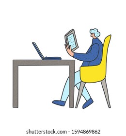 Cute person sitting at the table and reading his notes. Character  using his tablet. Human wearing in casual clothes working with computer. Freelancer concept. Vector illustration. 