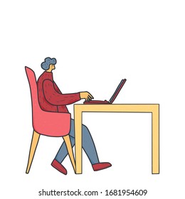 Cute person sitting at the table and reading  news. Character using his laptop. Human wearing in casual clothes working with computer. Freelancer concept. Vector illustration. 