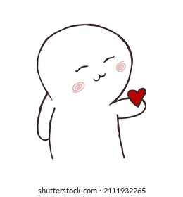 A cute personage with pink cheeks, cutely embarrassed and smiling, holds a red heart in his hand as if giving it to someone, in vector.