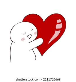 A cute personage with pink cheeks hugs a big red heart with love, dreamily closing his eyes and smiling joyfully.