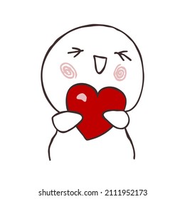A cute personage with pink cheeks hugs a big red heart with love, dreamily closing his eyes and smiling joyfully.