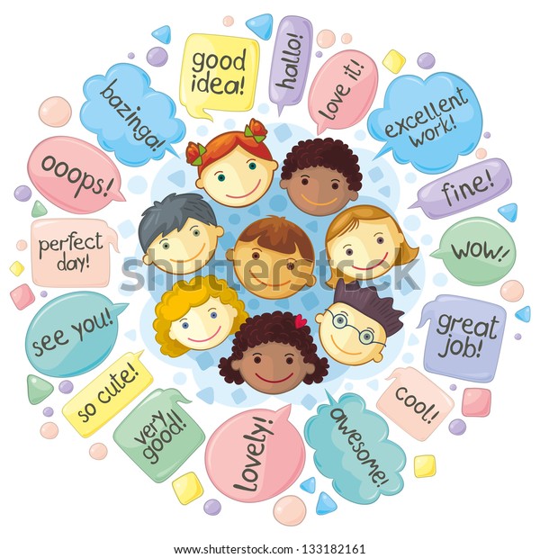 Cute Personages Gathering Communication Various Phrases Stock Vector ...