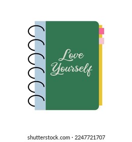 Cute personal diary notebook with selfcare lettering love yourself. Cozy vector illustration on isolated background. Hygge scandinavian concept