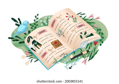 Cute personal diary. Open notebook with beautiful pages. Planner for spring with dates and notes. Notepad among grass and flowers. Flat graphic vector illustration isolated on white background.