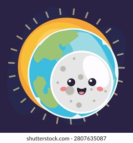 Cute Personified Moon Overlapping Earth Character Design