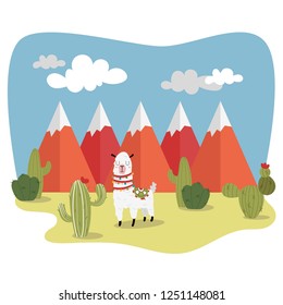 Cute Peru landscape with mountains, cactus and llama