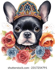 Cute pet, adorable animal, wearing beautiful Mexican cloth