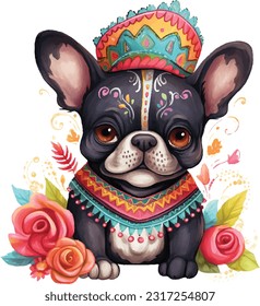 Cute pet, adorable animal, wearing beautiful Mexican cloth