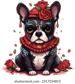 Cute pet, adorable animal, wearing beautiful Mexican cloth