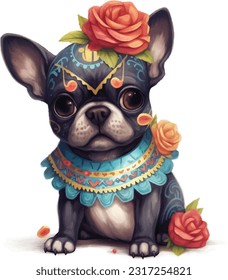 Cute pet, adorable animal, wearing beautiful Mexican cloth