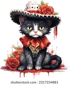 Cute pet, adorable animal, wearing beautiful Mexican cloth
