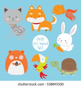 La ilustración vectorial de los animales de compañía consiste en gatito, cachorro, pez dorado, conejito, hámster, loro y tortuga
