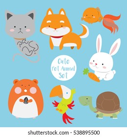 Cute pet animal set vector illustration consist of kitten, puppy, goldfish,bunny, hamster, parrot and turtle