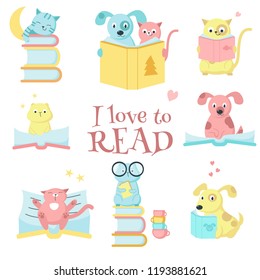 Cute pet animals with books icon set and I love to read handwritten quote. Vector illustration of funny cats, dogs and hamsters reading books isolated on white background.