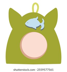 Cute pet bed with ears and a fish symbol vector illustration, Green colored pet house, kitten pet house, shadow