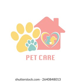 Cute pet care logo featuring a paw print, a house, and stylized cat and dog within a heart, perfect for pet services.