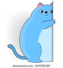 cute pet cartoon illustration, fat blue cat is peeking from the wall