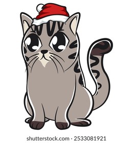 A cute pet cat cartoon character wearing a Santa Claus Christmas hat, work of hand drawn