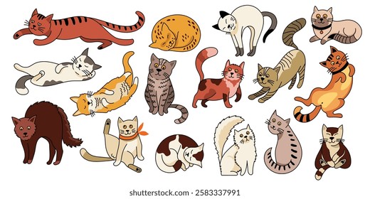 Cute pet cat. Cartoon funny kittens with different emotions and cat poses, adorable outline doodle kitten characters in various actions. Vector colorful cats set.