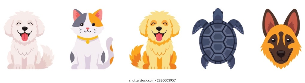 Cute pet character collection featuring puppy kitten turtle and shepherd dog illustrations isolated colorful vector artwork for children educational materials veterinary branding and animal themed designs.