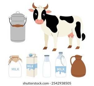 Cute pet cow. Milk in glass bottle, cardboard box, metal bidon and plastic bottle. Set of flat vector illustration on white background.