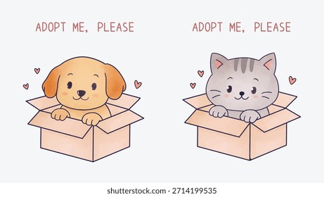 Nettes Haustier Hund und Katze in einer Box wollen angenommen werden Poster Illustration. Vektor einzeln doodle streunende Hund und Katze für Poster, Design, Buch