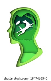 Cute pet dog catching flying disc inside of man head silhouette, vector illustration in paper art style. Pet lover thoughts, imagination, dream.