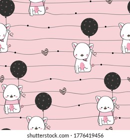 Cute pet dog drawings Hand drawn pet Holding a balloon in the hand Wearing a simple patterned costume Gestures Funny and fun Colorful face smile in Seamless pattern and illustration