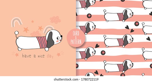 Cute pet dog drawings Hand drawn pet Wearing a simple patterned costume Gestures Funny and fun Colorful face smile in Seamless pattern and illustration