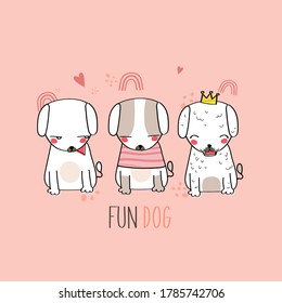 Cute pet dog drawings Hand drawn pet Wearing a simple patterned costume Gestures Funny and fun Colorful face smile in Seamless pattern and illustration
