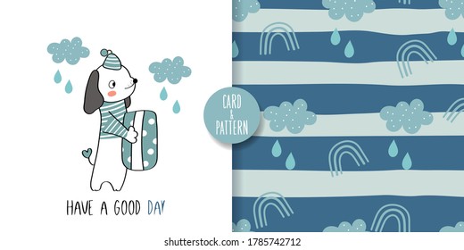 Cute pet dog drawings Hand drawn pet Wearing a simple patterned costume Gestures Funny and fun Colorful face smile in Seamless pattern and illustration