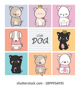 Cute pet dog drawings Hand drawn pet Holding a balloon in the hand Wearing a simple patterned costume Gestures Funny and fun Colorful face smile in Seamless pattern and illustration