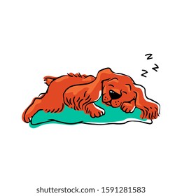 Cute pet dog sleeping on a pillow. Hand drawn cartoon orange animal taking a nap lying in comfortable position - isolated flat drawing vector illustration.