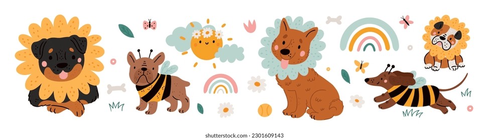 Perros de mascotas con dibujos animados. Dibujo vectorial perros y flores divertidos, arcos de lluvia en estilo plano. Mascotas festivas de verano, cachorro con disfraces de celebración