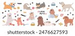 Cute pet doodle vector set. Cartoon dogs and cats characters design collection with flat color in different poses, toy, ball, pet food, bowl. Set of funny pet animals isolated on white background.