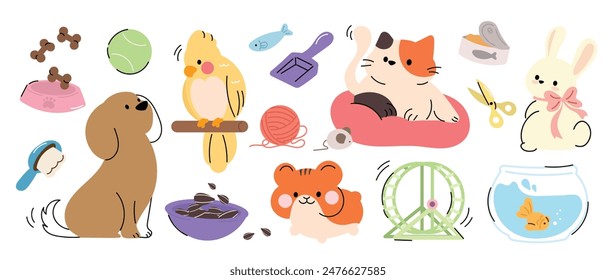 Cute pet doodle vector set. Cartoon animals characters design collection with dog, cat, bird, fish, hamster, rabbit in different poses. Set of funny pet animals isolated on white background.