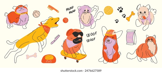 Cute pet doodle vector set. Cartoon dogs and cats characters design collection with flat color in different poses, toy, ball, pet food, bowl. Set of funny pet animals isolated on beige background.