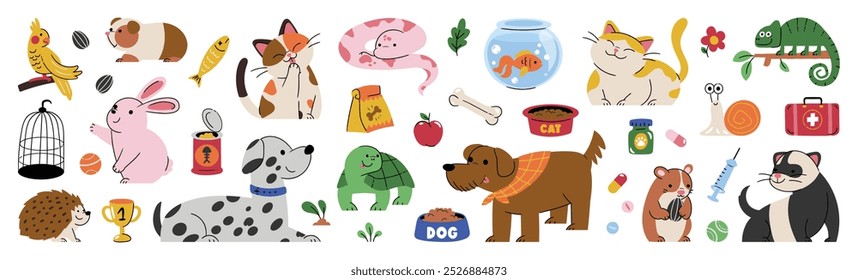 Cute pet doodle vector set. Cartoon animals characters design collection with dog, cat, bird, fish, rabbit, rat, turtle in different poses. Set of funny pet animals isolated on white background.