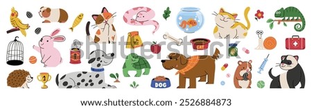 Cute pet doodle vector set. Cartoon animals characters design collection with dog, cat, bird, fish, rabbit, rat, turtle in different poses. Set of funny pet animals isolated on white background.